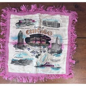 Vintage Silk Souvenir Pillow Cover Chicago, IL Pink Fringe  (4008)